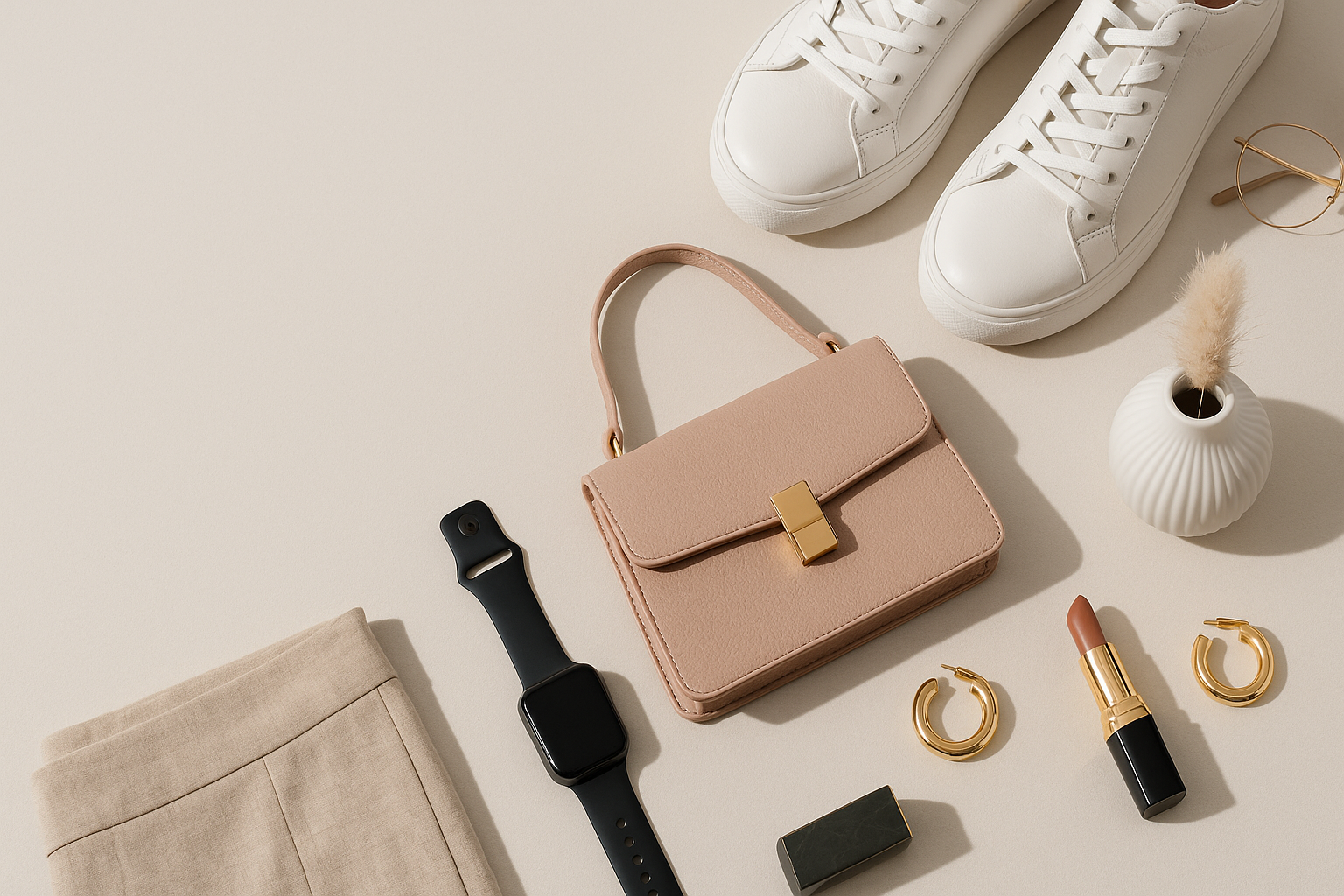 A clean, modern eCommerce homepage banner showing a variety of products — including fashion items, electronics, beauty accessories, and home decor — arranged neatly on a light neutral background. Add soft natural lighting, realistic shadows, and a minimal professional look. Include space on the left side for promotional text like “Your One-Stop Online Store – Free Shipping on All Orders”. Style should be bright, high-quality, and suitable for a Shopify website banner, size 1800x1000 pixels.